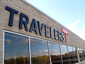 Close Up Travelers Building Sign
