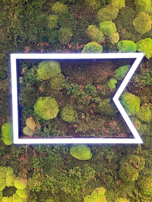 Corporate logo covered in moss and ferns
